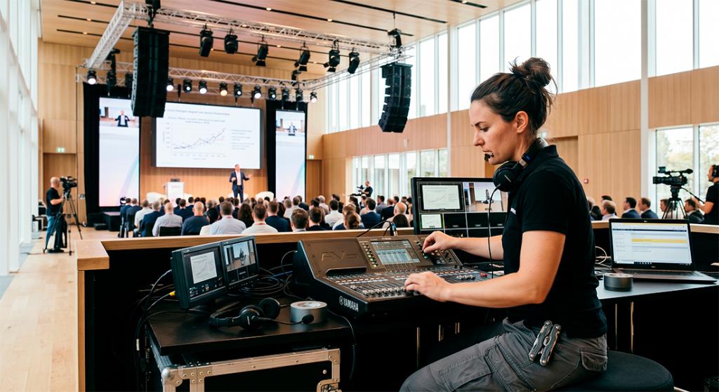 A women operating digital display on a corporate event