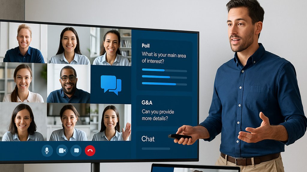 A man explaining something on a video meeting