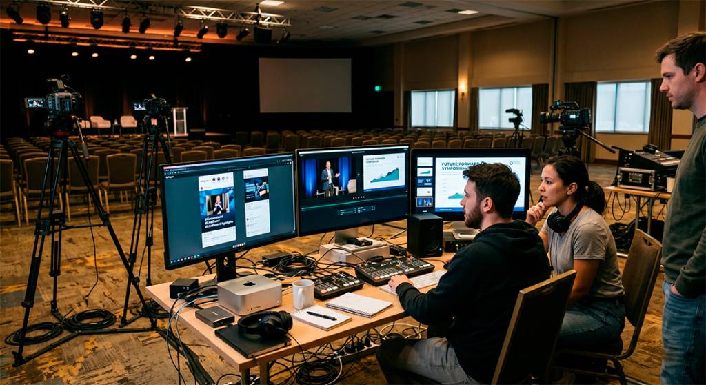 A people operating digital display on a corporate event
