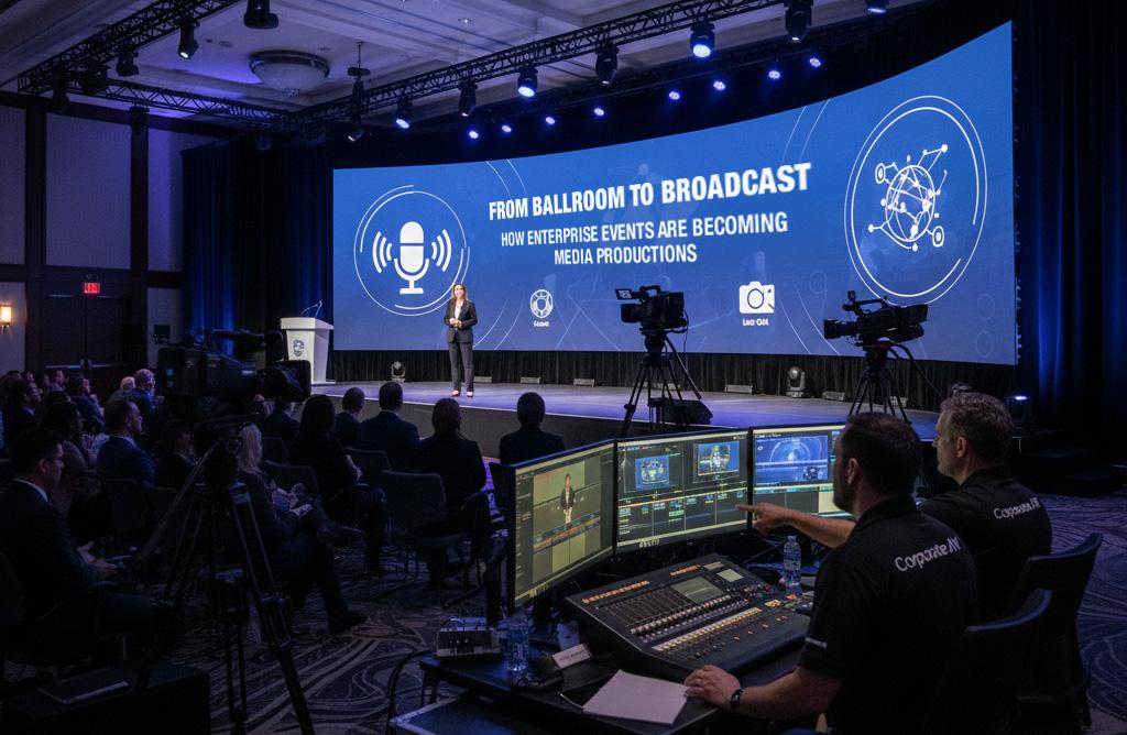 A people operating digital display on a corporate event while the even is on